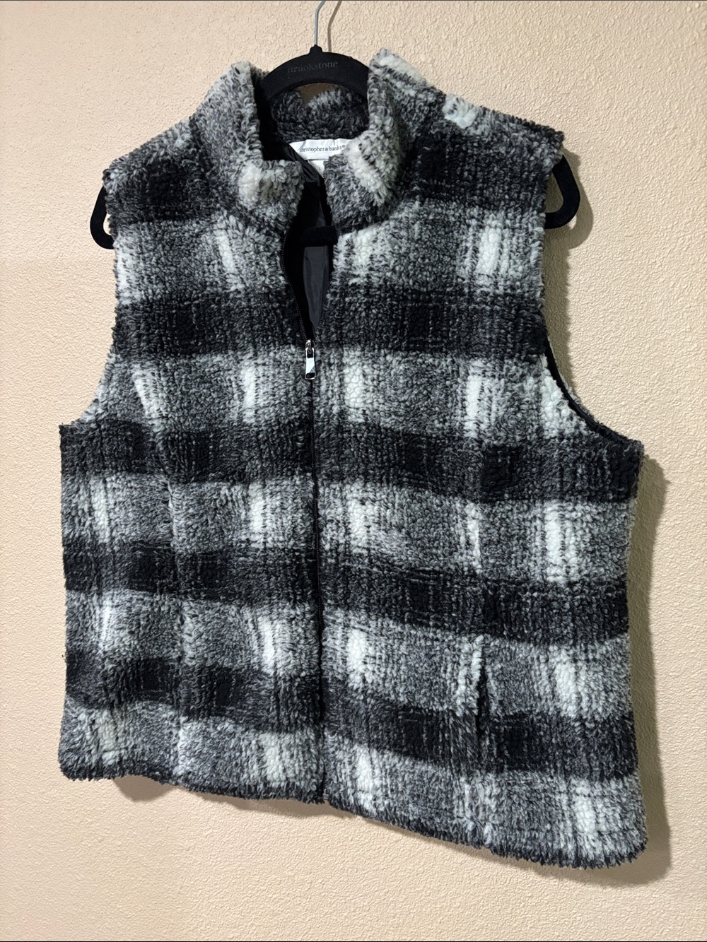 Christopher & Banks Black and White Plaid Sherpa Vest
